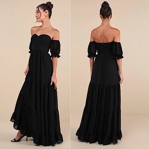 Lulus Exceptionally Gorgeous Chiffon Off-Shoulder Maxi Dress, Black, Size XL,NWT